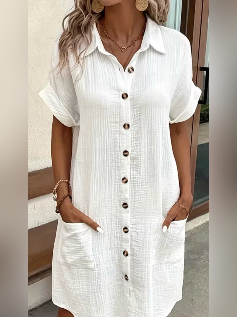 White Button-Front Cotton Shirt Dress